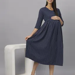 Mammas Women Striped Maternity Round Neck A-Line Midi Dress-image-17