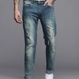 WROGN Men Blue Straight Fit Highly Distressed Heavy Fade Stretchable Jeans-picture-52