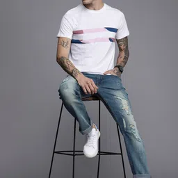 WROGN Men Blue Straight Fit Highly Distressed Heavy Fade Stretchable Jeans image 2