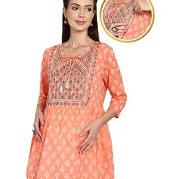 Zelena Three Fourth Sleeves All Over Motif Printed Embroidered Yoke Maternity & Nursing Kaftan Long Top For Pre & Post Pregnancy - Peach-image-92