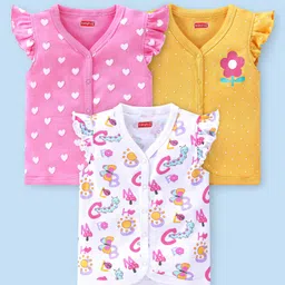 Babyhug 100% Cotton Knit Front Open Vest Floral & Heart Print Pack of 3 -White Pink & Yellow-picture-10