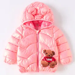 Kookie Kids Full Sleeves Padded Hooded Jacket with Teddy Bear Print - Pink-picture-38