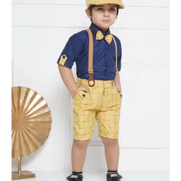 AJ Dezines Cotton Half Sleeves Solid  Shirt With Checked Shorts Bow Cap &  Suspender Set -  Mustard-image-57