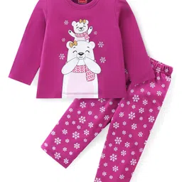 Babyhug Cotton Knit Full Sleeves Night Suit with Snow Bear & Flakes Print - Purple-picture-24