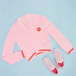 Pantaloons Junior Full Sleeves Floral Self Designed Sweater - Pink-picture-29