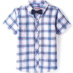 Babyhug Cotton Woven Half Sleeves CheckeredShirt with Bow - Blue & White-image-27