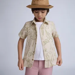 Taffykids Linen Half Sleeves Leaves Printed Shirt With Attached Tee - Multi Colour-picture-27