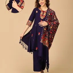 The Mom Store Wool Three Fourth Sleeves Floral Printed Maternity Kurta With Nursing Access & Salwar With Dupatta Set - Navy Blue-image-70
