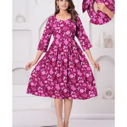 CeleBravo Rayon Three Fourth Sleeves Floral Printed Maternity Dress With Nursing Access - Purple-image-69