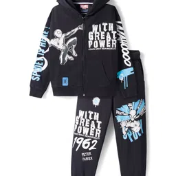 Pine Kids Marvel Terry Knit Full Sleeves Hooded Sweatshirt with Trackpants Set with Spider-Man Graphic - Black-image-60