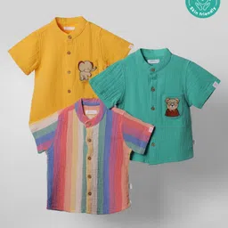 kids of greendeer Greendeer 100% Softner Washed Muslin Cotton Woven Pack Of 3 Half Sleeves Striped & Baby Animals Embroidered Shirts - Green Yellow & Multi Colour-picture-16