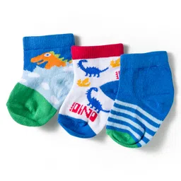 Cute Walk by Babyhug Knit Ankle Length Anti Bacterial Socks with Dino & Stripes Design Pack of 3 - White & Blue-picture-22