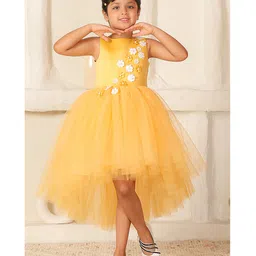 Toy Balloon Kids Net Woven Sleeveless Floral Applique Detailed Pearls Embellished High Low Dress - Golden-picture-32