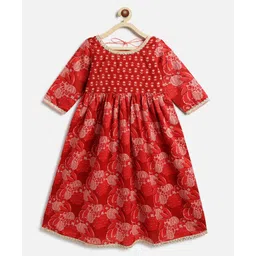 Campana 100% Cotton Woven Three Fourth Sleeves Floral Printed Kurti - Maroon & Pink-picture-11