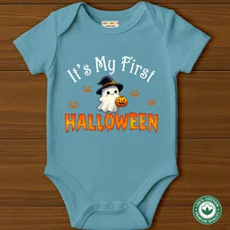 BLUSHES 100% Cotton Knit Halloween Theme Half Sleeves Its My First Halloween Text Printed Onesie - Olive Green-picture-14