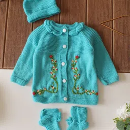Woonie Hand Knitted Full Sleeves Floral Embroidered Sweater With Cap & Socks Set - Blue-picture-38