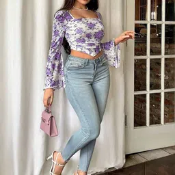 SZN Women Square Neck Floral Print Bell Sleeve Net Crop Top-image-3