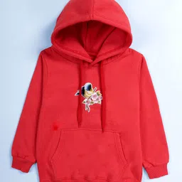 Kiddopanti Fleece Knit Full Sleeves Birds Patch Detail & Sequins Embellished Winter Hooded Sweatshirt With Track Pants Set - Coral & Black image 3