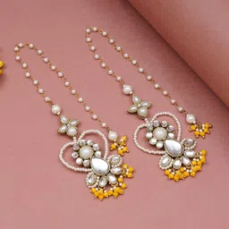 BeAbhika Gold-Plated Heart Shaped Artificial Stones Studded & Beaded Drop Kanauti Earrings-picture-12