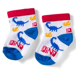 Cute Walk by Babyhug Knit Ankle Length Anti Bacterial Socks with Dino & Stripes Design Pack of 3 - White & Blue image 3