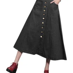 Tripursundari Fashion Washed Denim Buttoned A-Line Midi Skirt-image-5