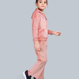Plum Tree Velour Knit Full Sleeves Solid Light Winter Hooded Sweatjacket & Flared Pants Set - Light Peach image 5