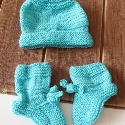 Woonie Hand Knitted Full Sleeves Floral Embroidered Sweater With Cap & Socks Set - Blue image 5