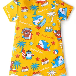 Babyhug Interlock Knit Half Sleeves Rompers With Animal & Beach Theme Print Pack of 2 - Yellow & Blue image 5