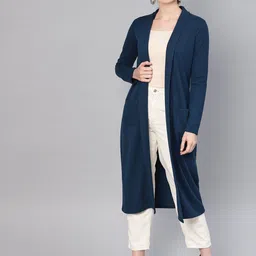 SASSAFRAS Women Teal Blue Longline Solid Open Front Winter Shrug image 5