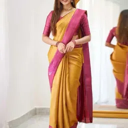 Anjaneya Sarees Yellow & Pink Silk Woven Saree With Unstitched Blouse-image-84