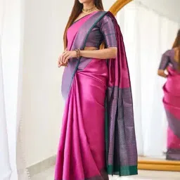 Anjaneya Sarees Pink & Blue Silk Woven Saree With Unstitched Blouse image 2