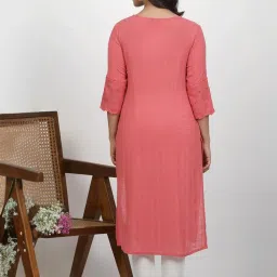 W Pink Cotton Embroidered Straight Kurta image 2