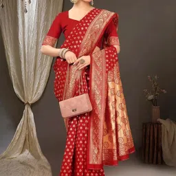 Satrani Red Woven Saree With Unstitched Blouse image 2