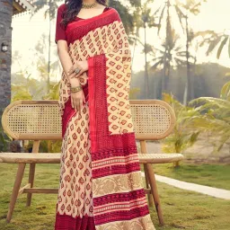 Satrani Pastel Yellow & Red Cotton Printed Saree With Unstitched Blouse image 2