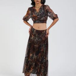Label Ritu Kumar Black Printed Crop Top With Skirt-picture-14