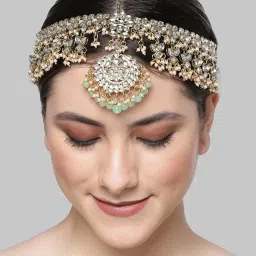 Karatcart Gold-Plated Light Green Beads Kundan Mathapatti for Women image 2