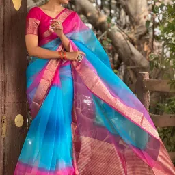 Satrani Blue & Pink Woven Saree With Unstitched Blouse image 2