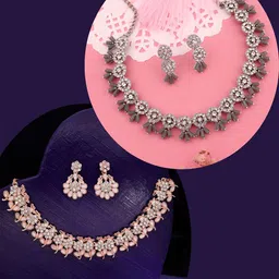 DIVASTRI Pahal Set Of 2 Silver-Plated & Rose Gold-Plated AD Studded Jewellery Set image 1