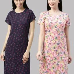 Kryptic Navy & Pink Cotton Printed Night Dress (Pack Of 2) image 1