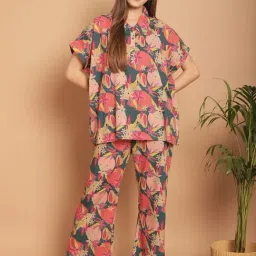 Kanvin Pink & Green Cotton Printed Shirt Pyjamas Set-image-9