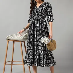 Femvy Geometric Printed Gathered Or Pleated Fit & Flare Maxi Dress image 2