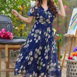 GROMint Floral Print Flutter Sleeve Ruffled Georgette Fit & Flare Maxi Dress image 4