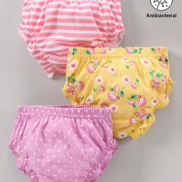 Babyhug 100% Cotton Antibacterial Bloomers Striped And Floral Print Pack of 3 - Pink Yellow Purple-picture-25