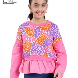 arias by lara dutta Arias Cotton Knit Full Sleeve T-shirt With Text Print And Poplin Peplum - Pink-picture-27