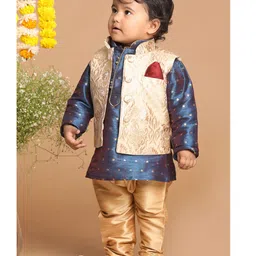 VASTRAMAY SISHU Full Sleeves Blocks Foil Printed Kurta & Pyjama With Damask Motif Printed Nehru Jacket - Blue & Rose Gold-picture-15