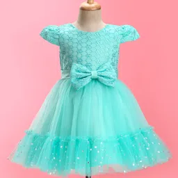 Mark & Mia Cap Sleeves Knee Length Partywear Frock with Embroidery & Bow  - Green-picture-14