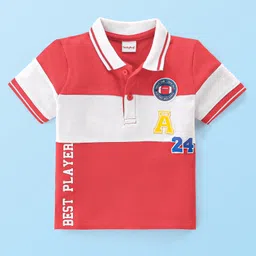 Babyhug 100% Cotton Knit Half Sleeves Polo T-Shirt with With Rugby Embroidery - Red & White-image-72