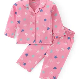 Babyhug Cotton Knit Full Sleeves Collar Neck Night Suit with Star Print - Pink-picture-20