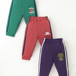 Zero Interlock Knit Full Length Track Pants with Sports Print Pack of 3 - Green Red & Purple-picture-18