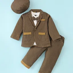 Robo Fry Knit Full Sleeves Solid Blazer T-Shirt & Trouser Set with Attached Bow & Hat- Olive Green-picture-33